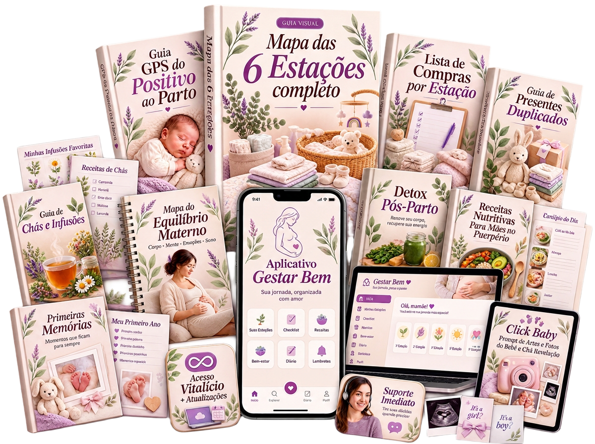Mockup completo do Acesso Premium com todos os bônus e o aplicativo Gestar Bem